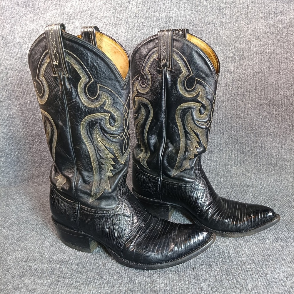 Tony Lama Cowboy Boots Men Size 8 D Black Teju Lizard Skin Western Stitched 8571